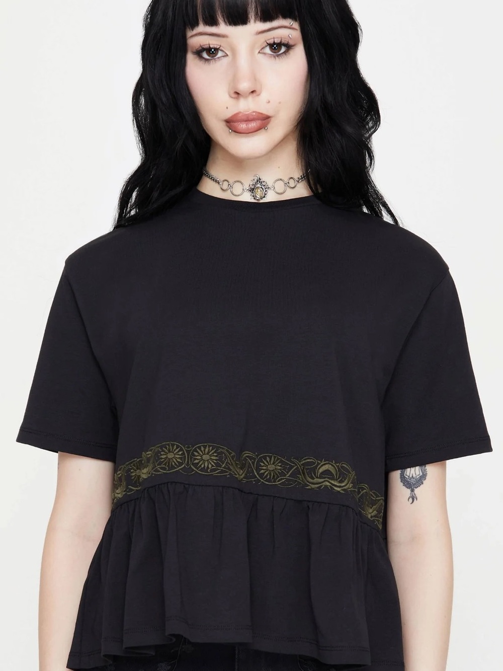 Disturbia Fianna Embroidered Ruffle Hem
Crop T-shirt